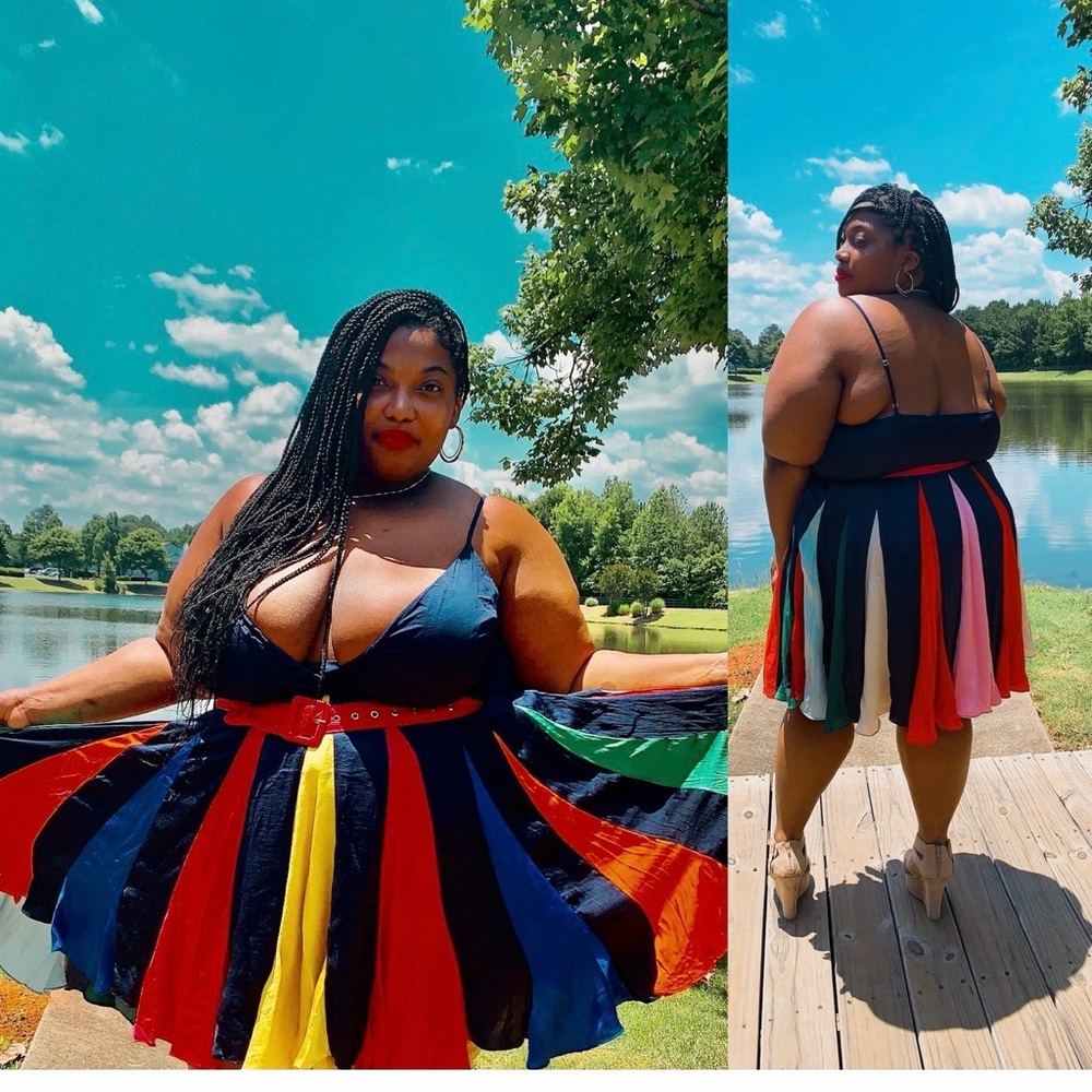 L'ATISTE Navy Multi-Color Striped Midi Dress
